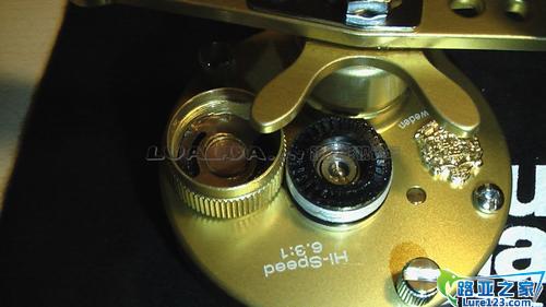 拧开锣帽,可以看到响卡金属片(左)和黑色的塑料卡轨.卡轨下面保护的非常好的,就是那颗要换的轴承了,这里用1033规格